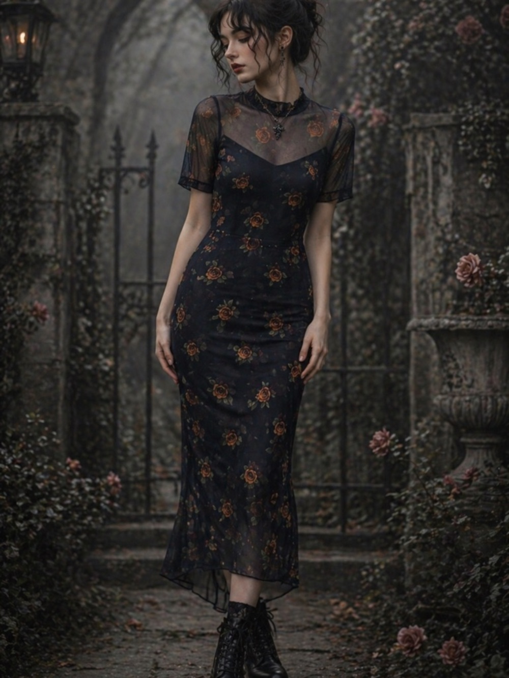 Womens Black Floral Sheer Midi Dress L Asymmetrical Whimsigoth‎ Fairy Grunge